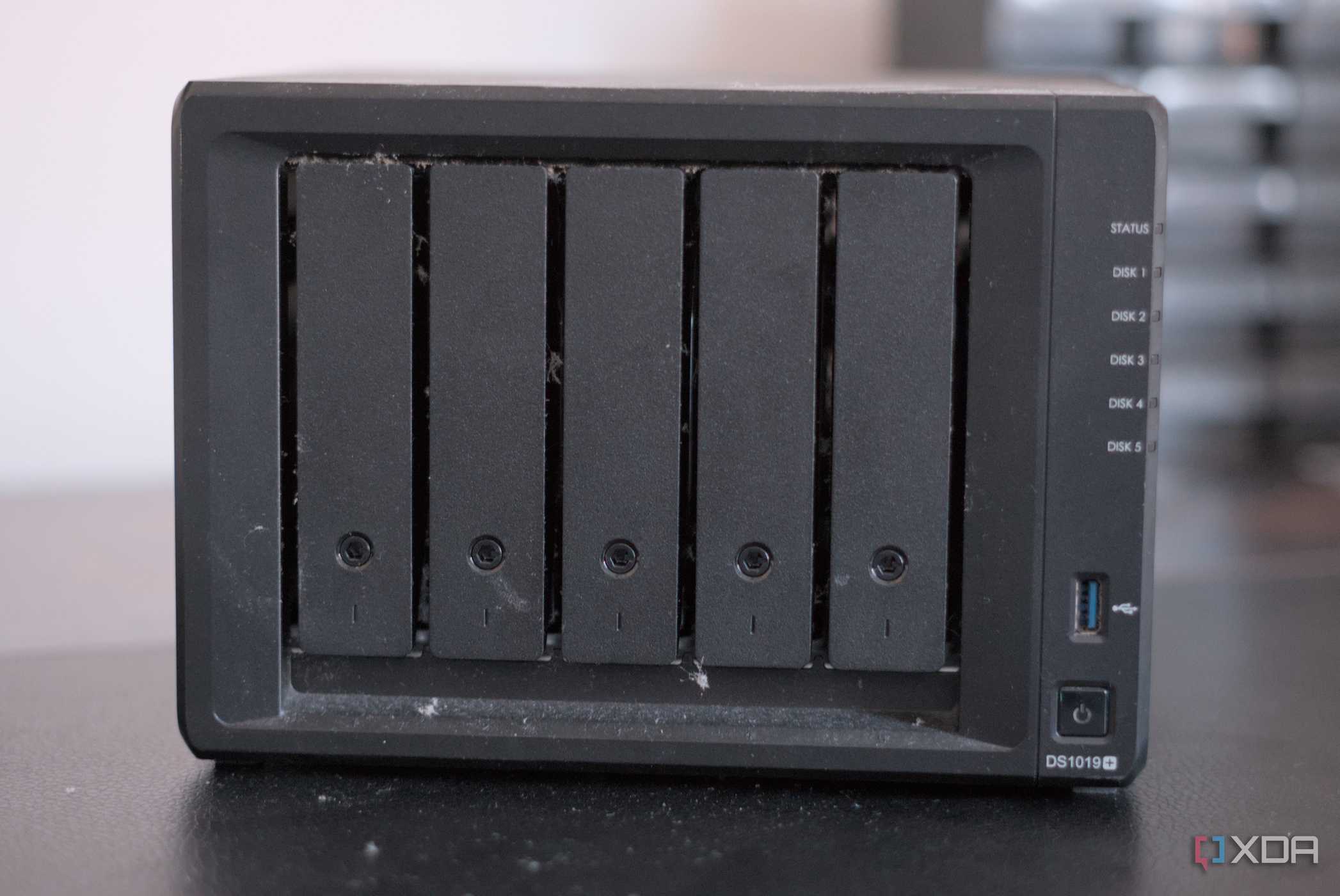 Synology DiskStation DS1019+ from the front on a desk