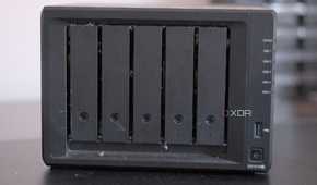 Synology DiskStation DS1019+ from the front on a desk
