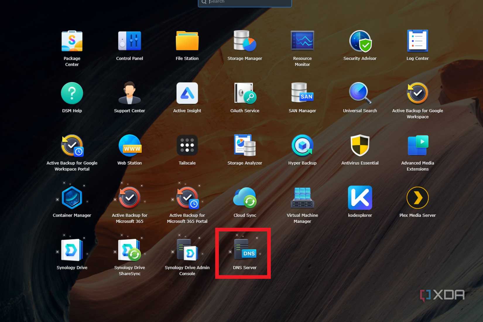 screenshot of synology main menu with the dns server icon highlighted