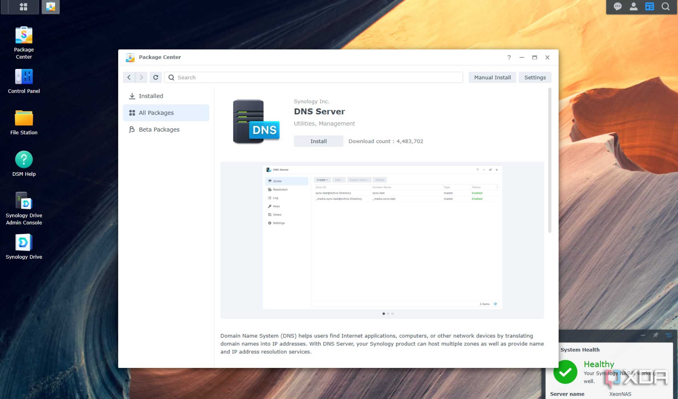 screenshot of synology dsm package center with dns server package open