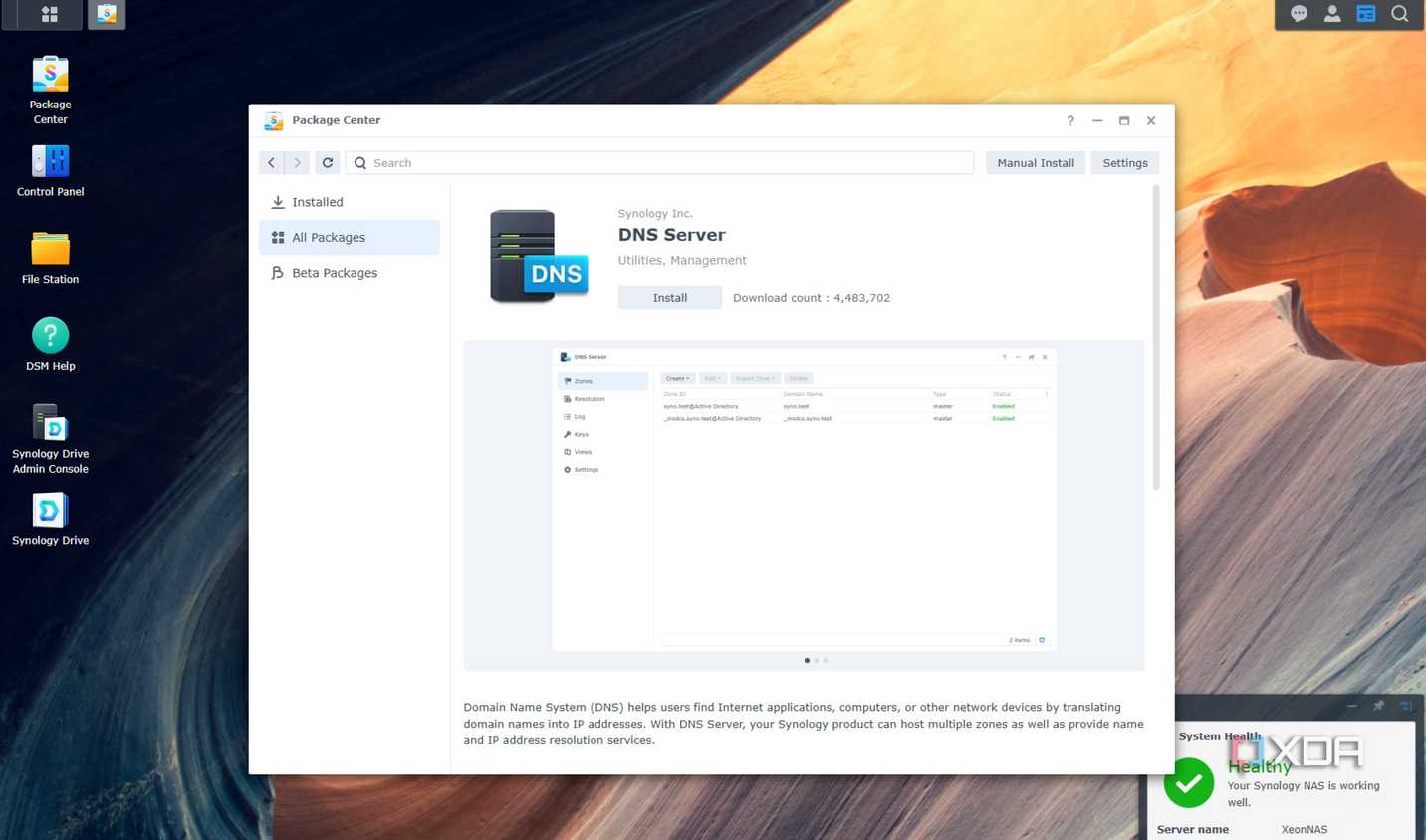 screenshot of synology dsm package center with dns server package open