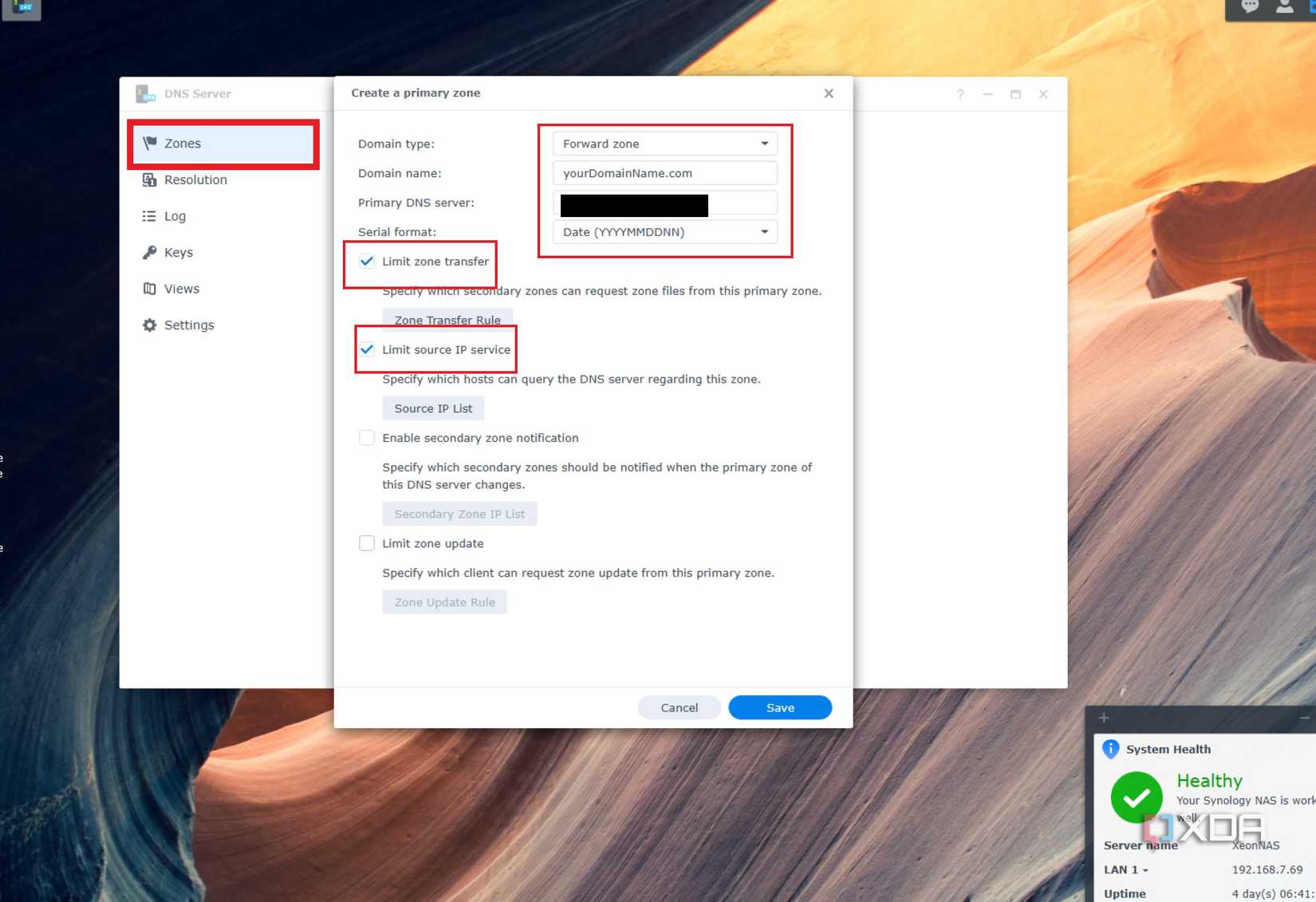screenshot of synology dns server with primary zone settings page open