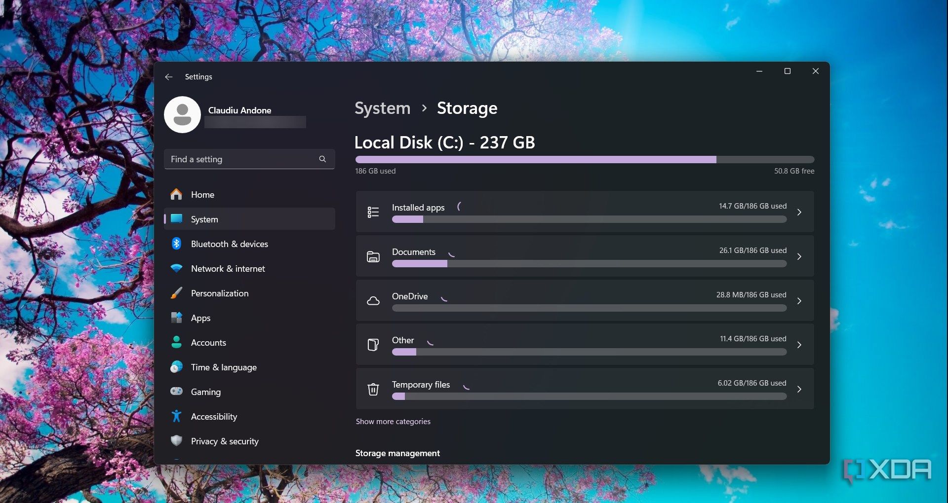 Checking the Storage in Windows Settings