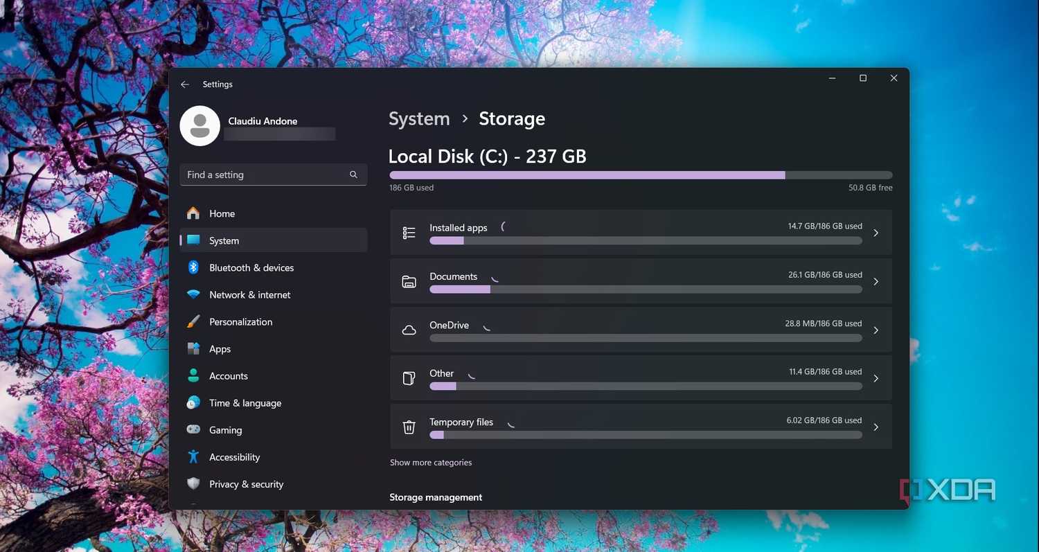 Checking the Storage in Windows Settings