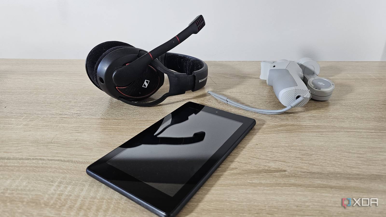 tablet gimbal and headset on a table