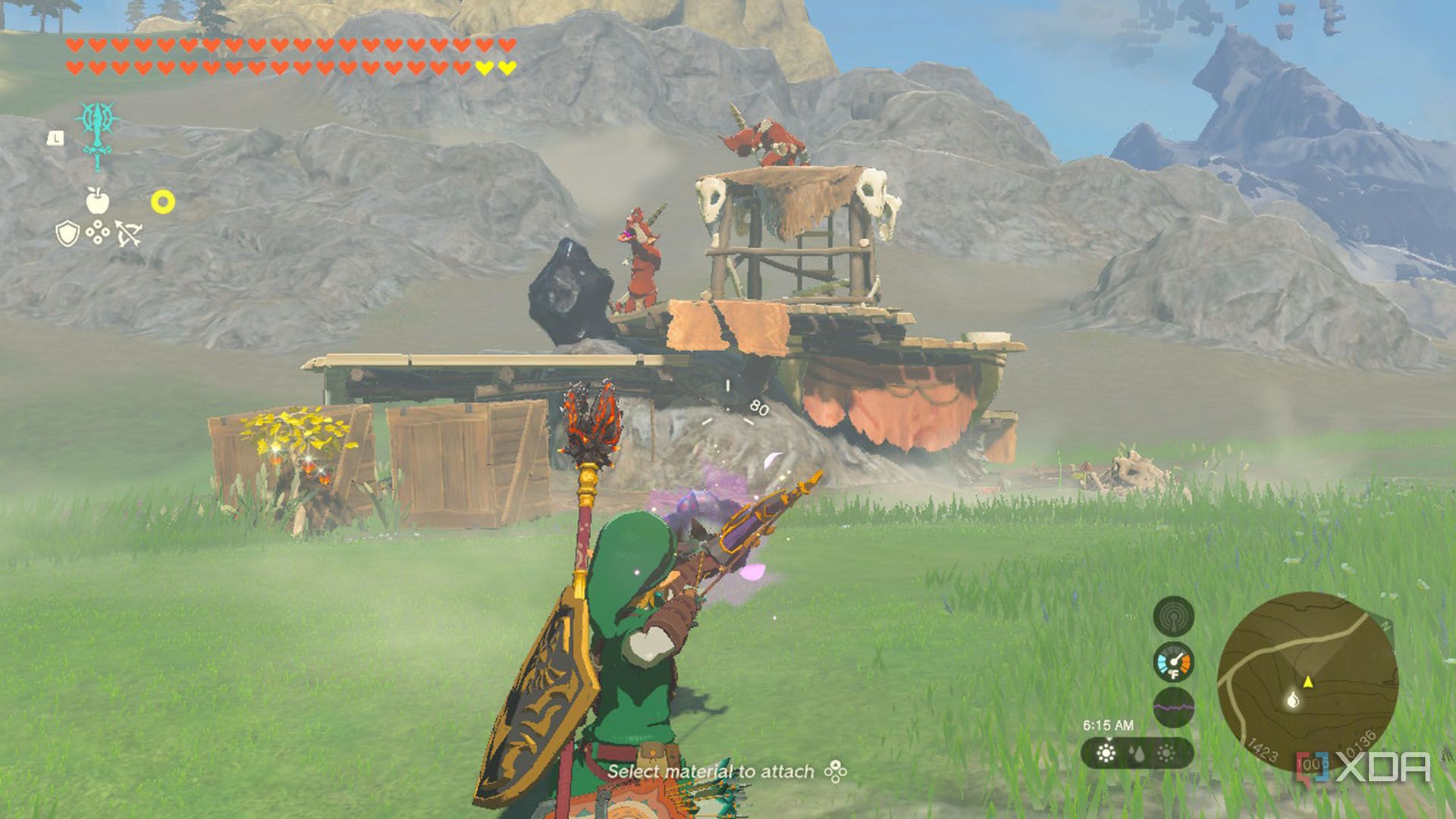 Link aiming a muddle bud at a battle talus who is still laying in the earth.