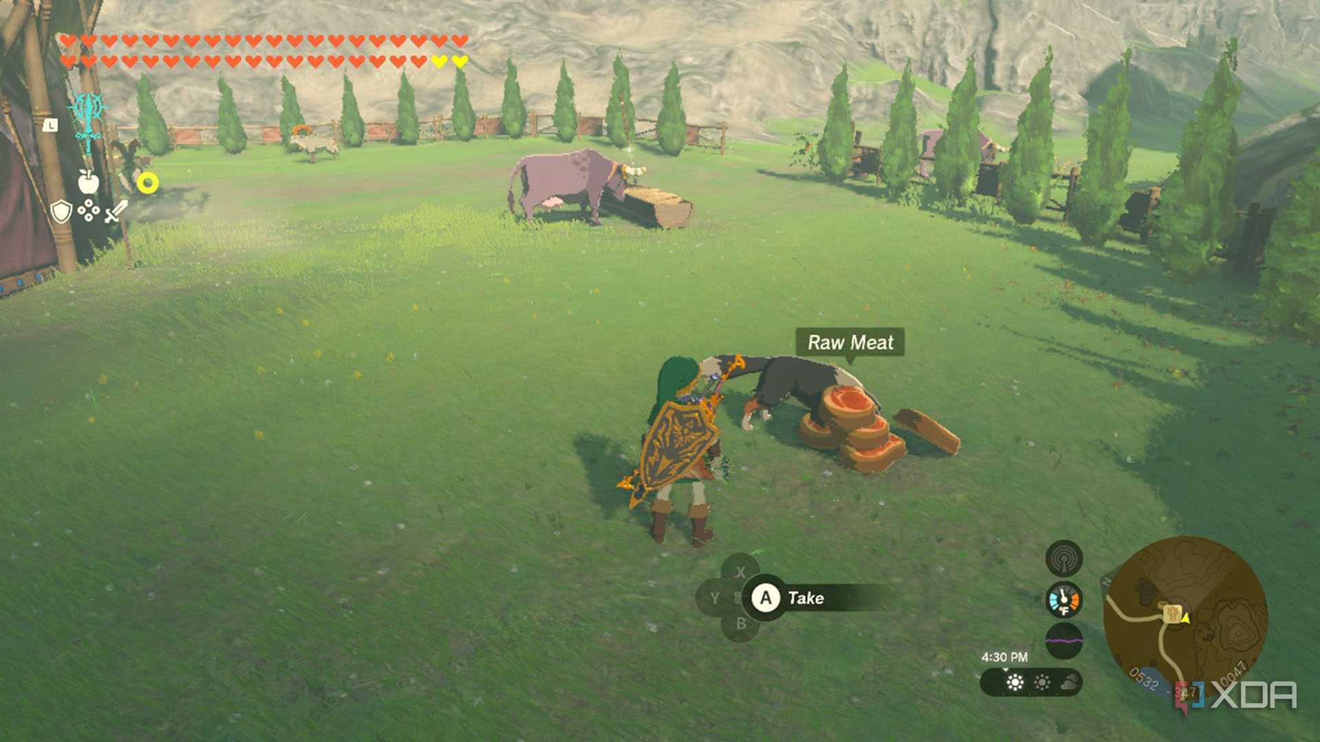Link feeding a dog at a stable in The Legend of Zelda: Tears of the Kingdom.