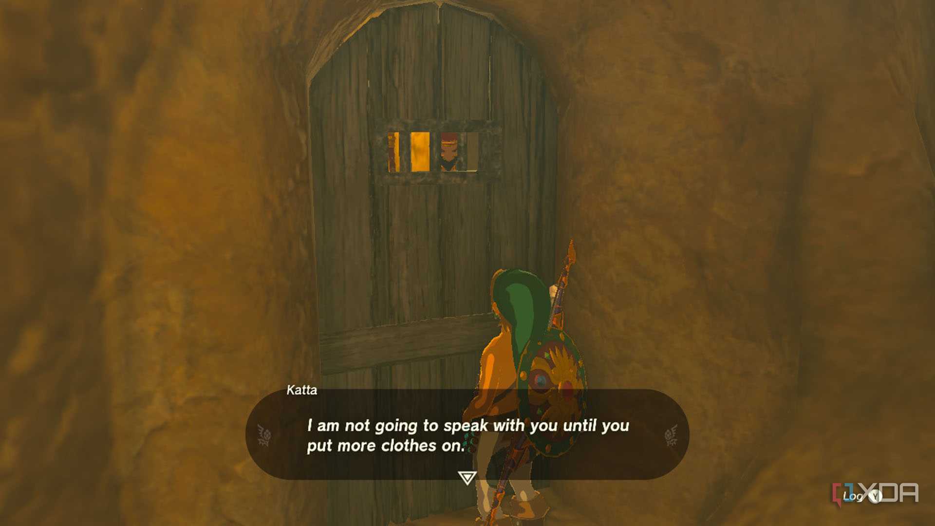 The Gerudo officer will not talk to Link until he puts a shirt on.