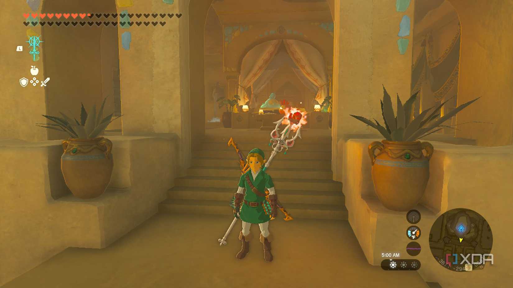 Link with a ruby-fused weapon on his back, giving him higher body temperature.