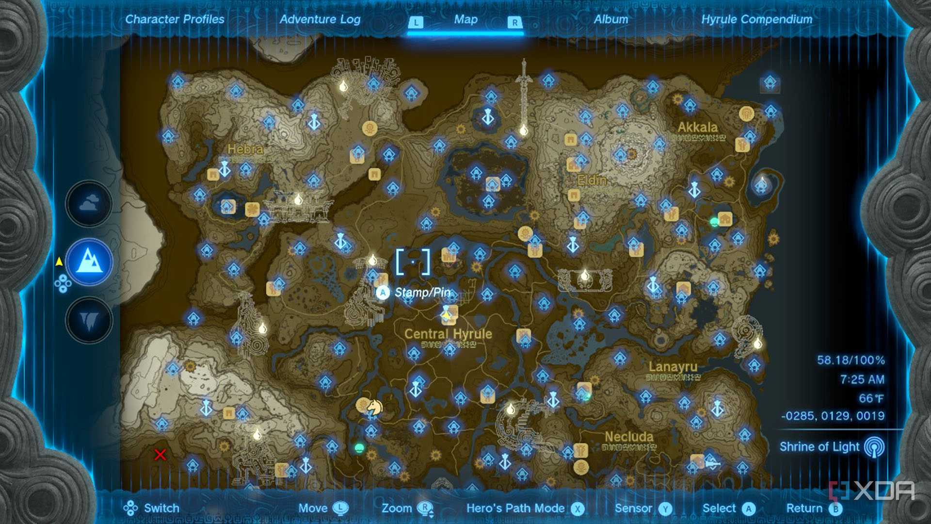 The surface map with all shrine locations.