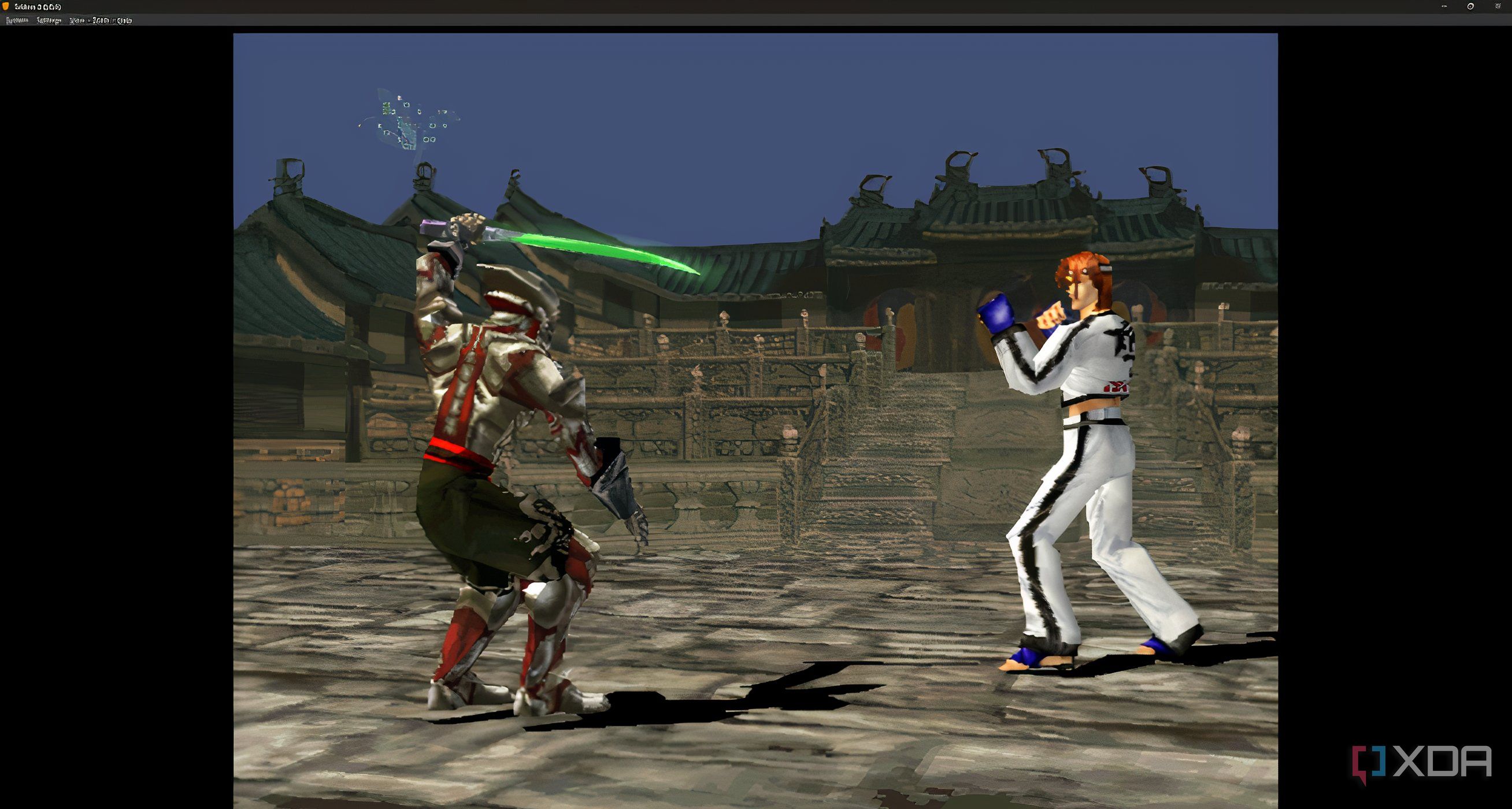 A screenshot from the game "Tekken 3", showing Yoshimitsu wielding a sword against Hwoarang.