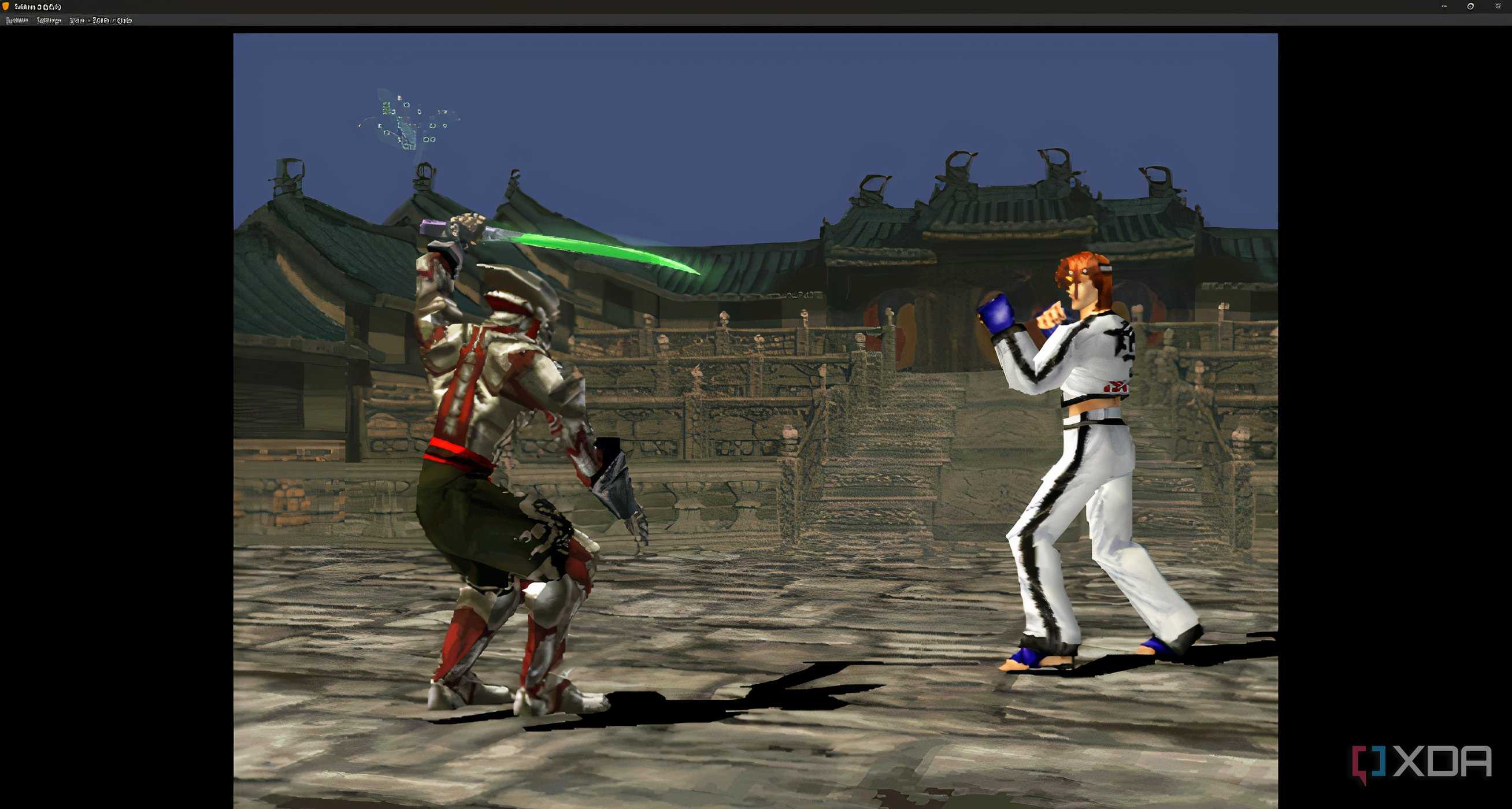 A screenshot from the game "Tekken 3", showing Yoshimitsu wielding a sword against Hwoarang.