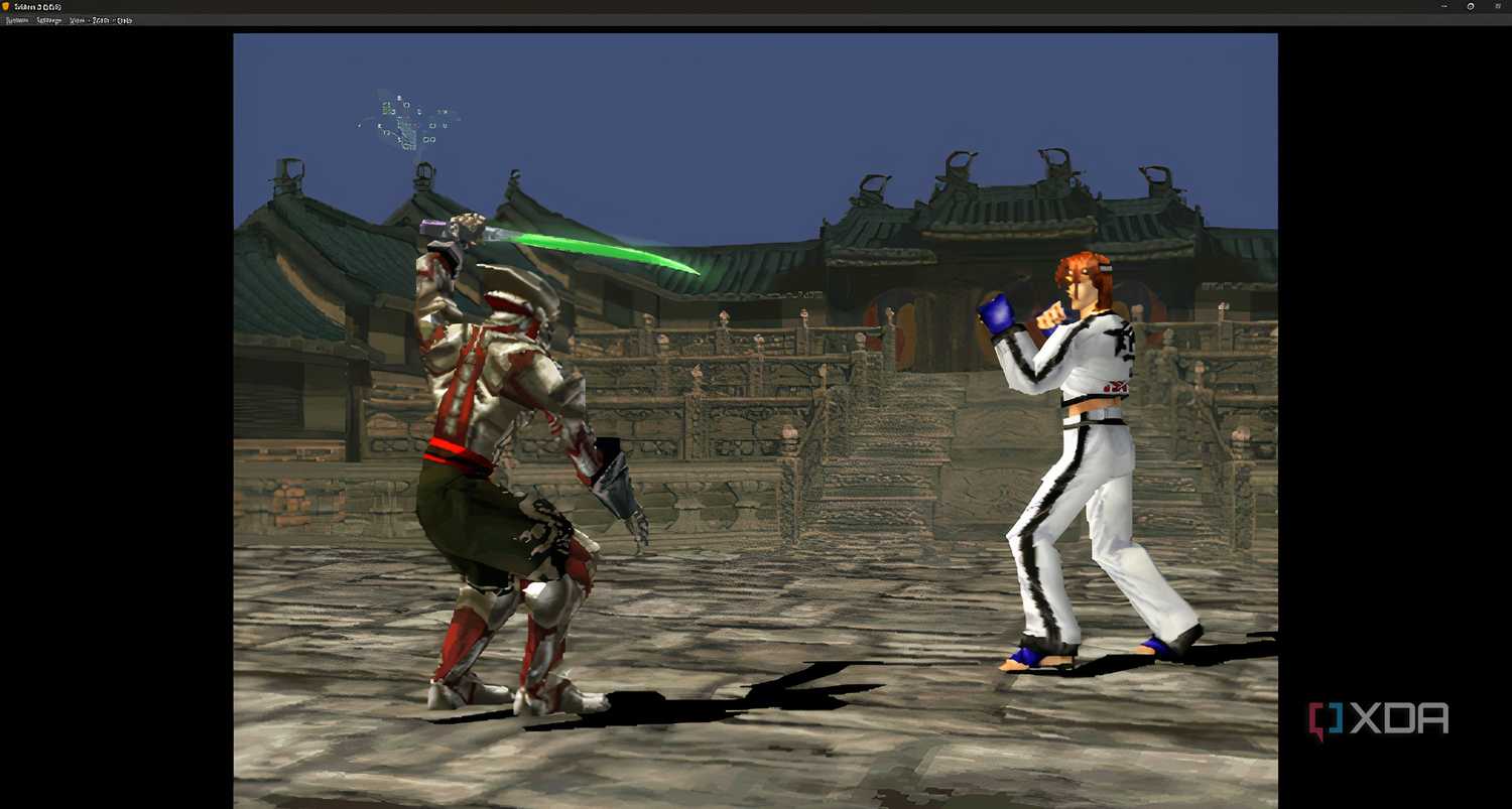 A screenshot from the game "Tekken 3", showing Yoshimitsu wielding a sword against Hwoarang.