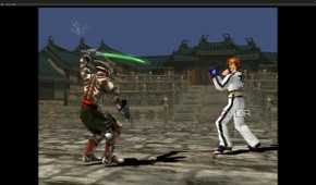 A screenshot from the game "Tekken 3", showing Yoshimitsu wielding a sword against Hwoarang.
