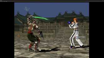A screenshot from the game "Tekken 3", showing Yoshimitsu wielding a sword against Hwoarang.