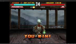 A screenshot from the game "Tekken 3", showing Yoshimitsu sitting cross-legged after a victory.