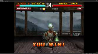 A screenshot from the game "Tekken 3", showing Yoshimitsu sitting cross-legged after a victory.