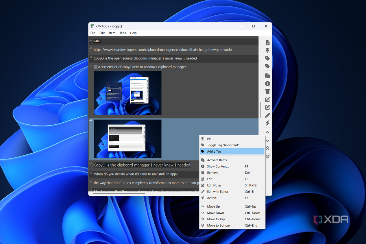 the add a tag option in copyq