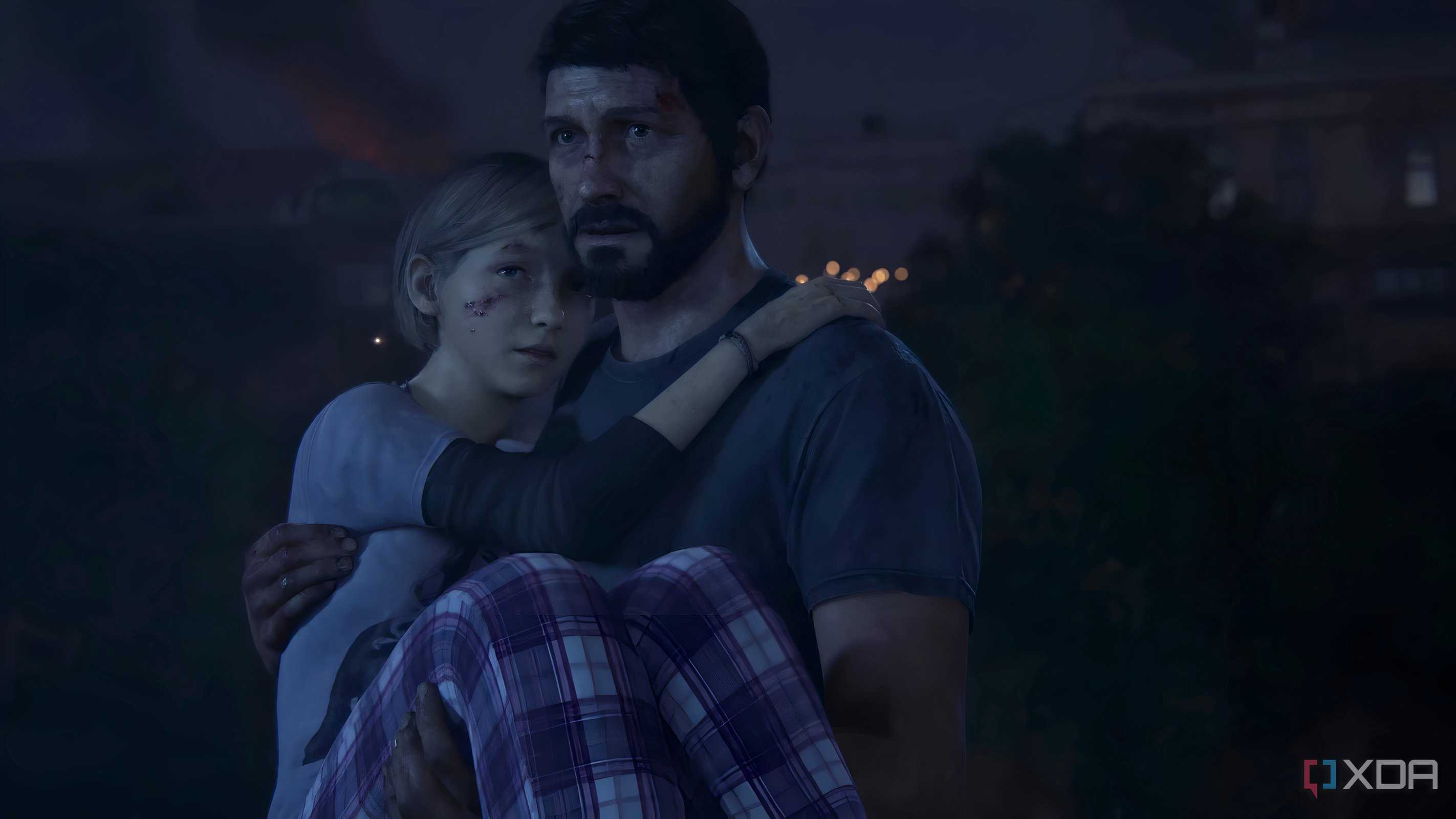 A screenshot from The Last of Us Part I on PC, showing Joel holding his daughter Sarah in his arms.