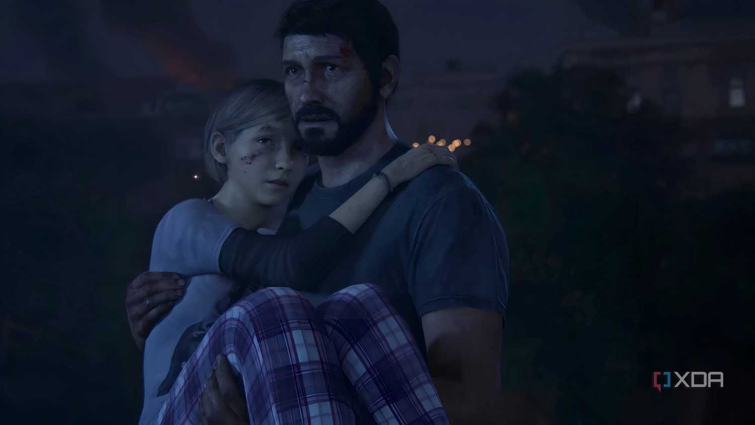 A screenshot from The Last of Us Part I on PC, showing Joel holding his daughter Sarah in his arms.