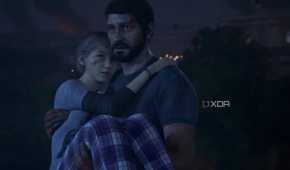 A screenshot from The Last of Us Part I on PC, showing Joel holding his daughter Sarah in his arms.