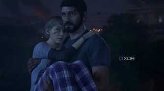 A screenshot from The Last of Us Part I on PC, showing Joel holding his daughter Sarah in his arms.