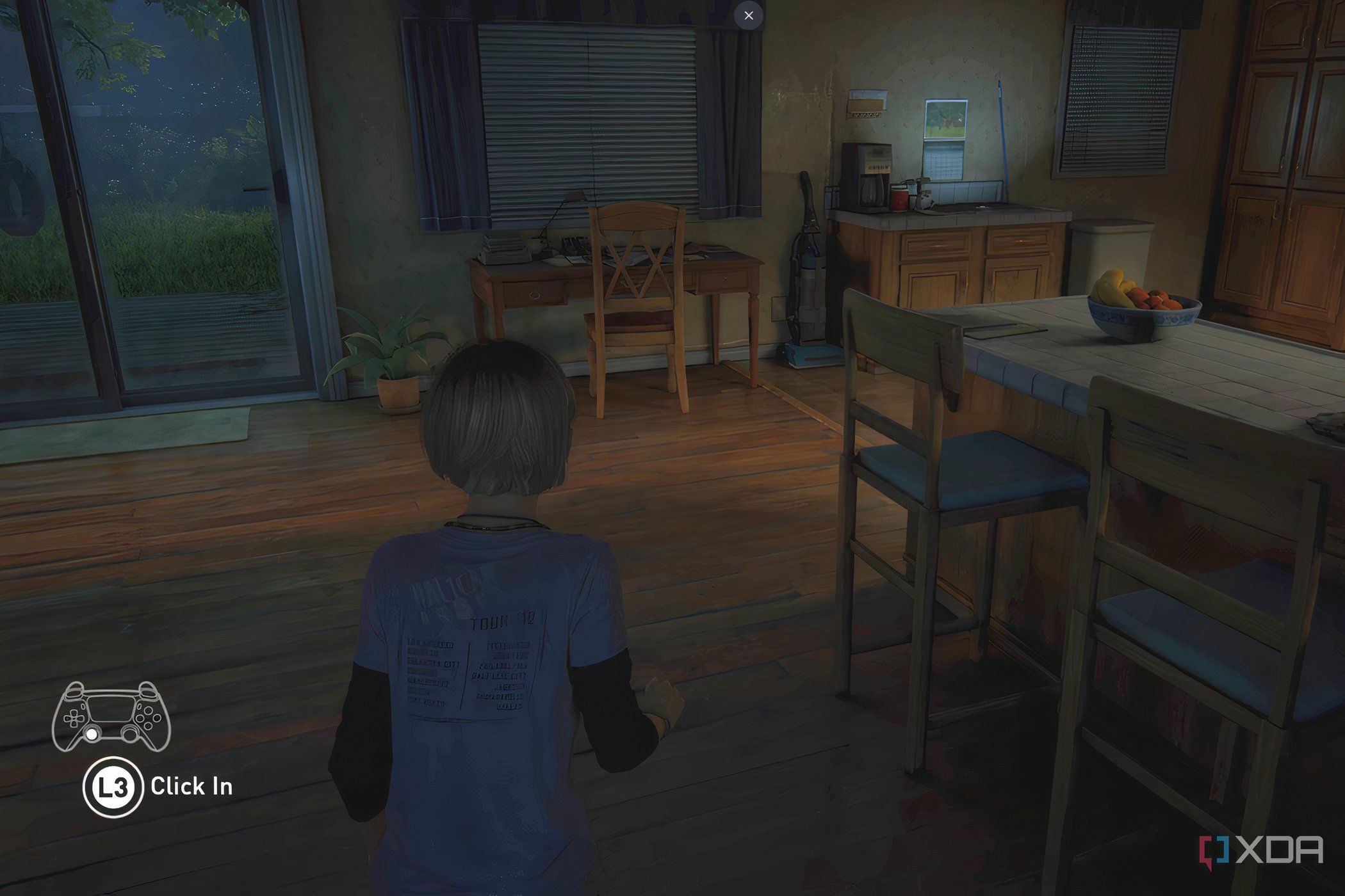 A screenshot from the game The Last of Us Part I, showing a small girl walking around a house.