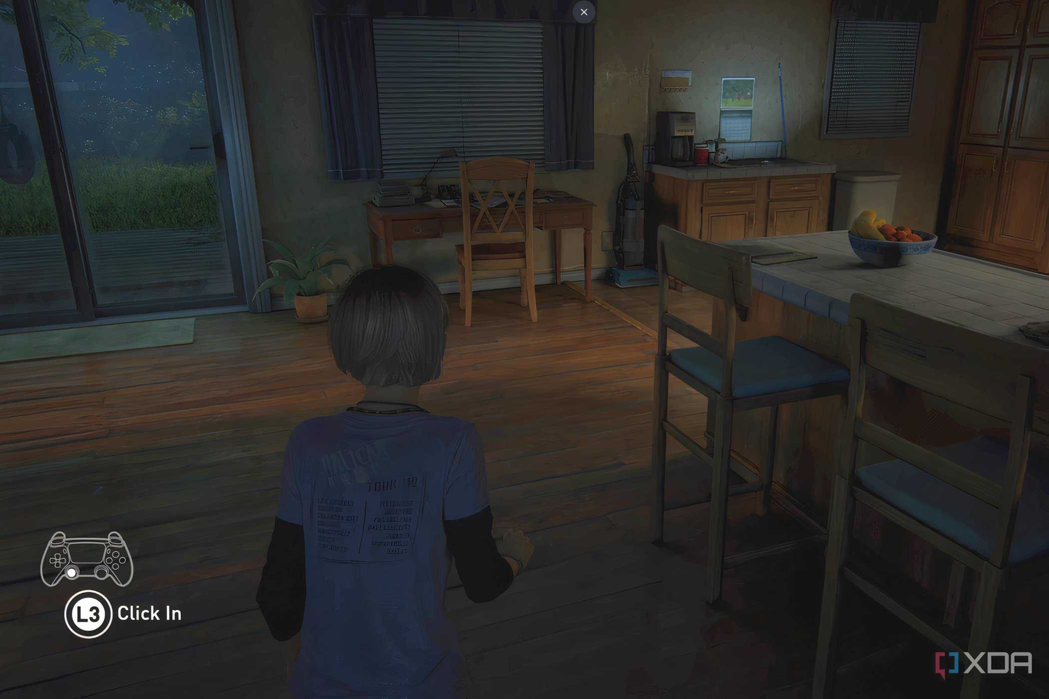 A screenshot from the game The Last of Us Part I, showing a small girl walking around a house.