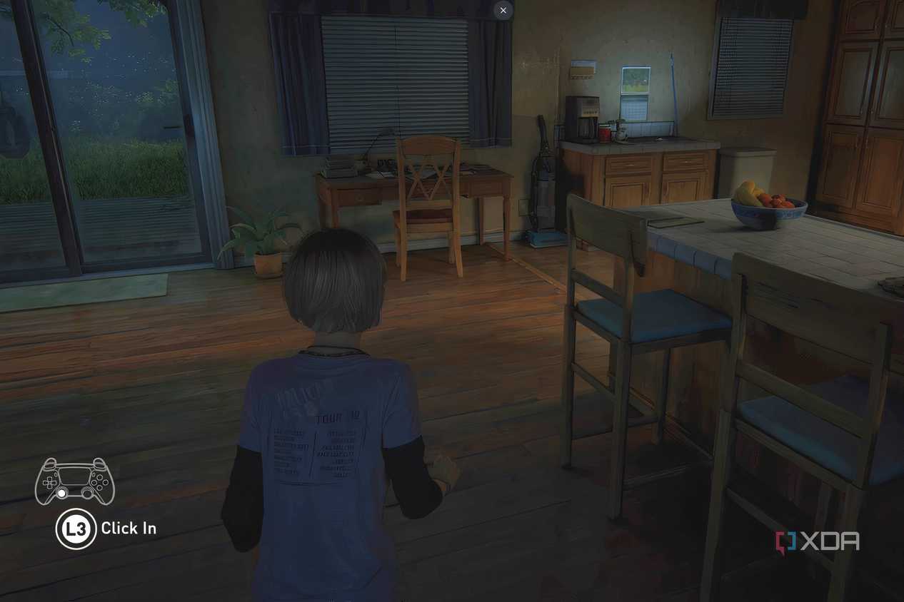 A screenshot from the game The Last of Us Part I, showing a small girl walking around a house.