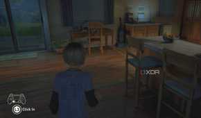 A screenshot from the game The Last of Us Part I, showing a small girl walking around a house.