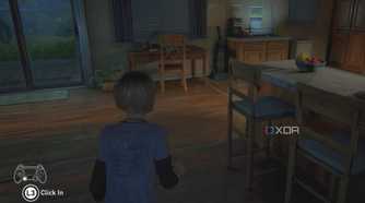 A screenshot from the game The Last of Us Part I, showing a small girl walking around a house.