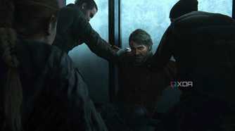 A screenshot from the game The Last of Us Part II Remastered on PC, showing Joel being held down by multiple people.