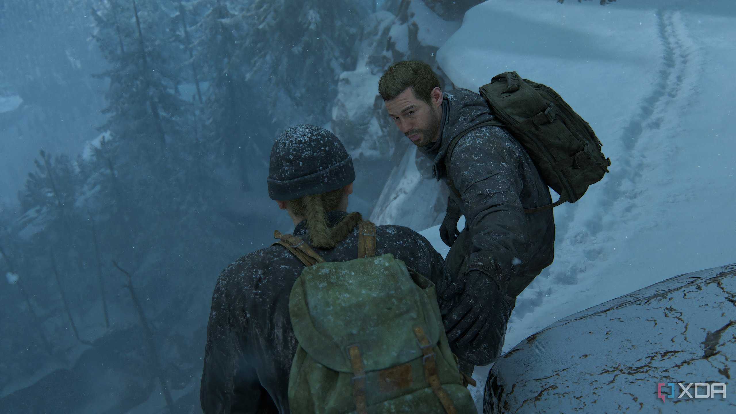 the last of us part 2 abby and owen standing in snow