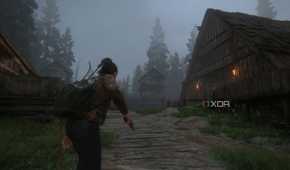 A screenshot from the game The Last of Us Part II Remastered on PC, showing Dina wielding a pistol near wooden houses.