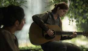 A screenshot from The Last of Us Part II, showing Ellie playing a guitar.