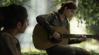 A screenshot from The Last of Us Part II, showing Ellie playing a guitar.