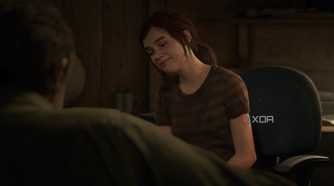 A screenshot from the game The Last of Us Part II Remastered on PC, showing a young Ellie sitting on a chair.