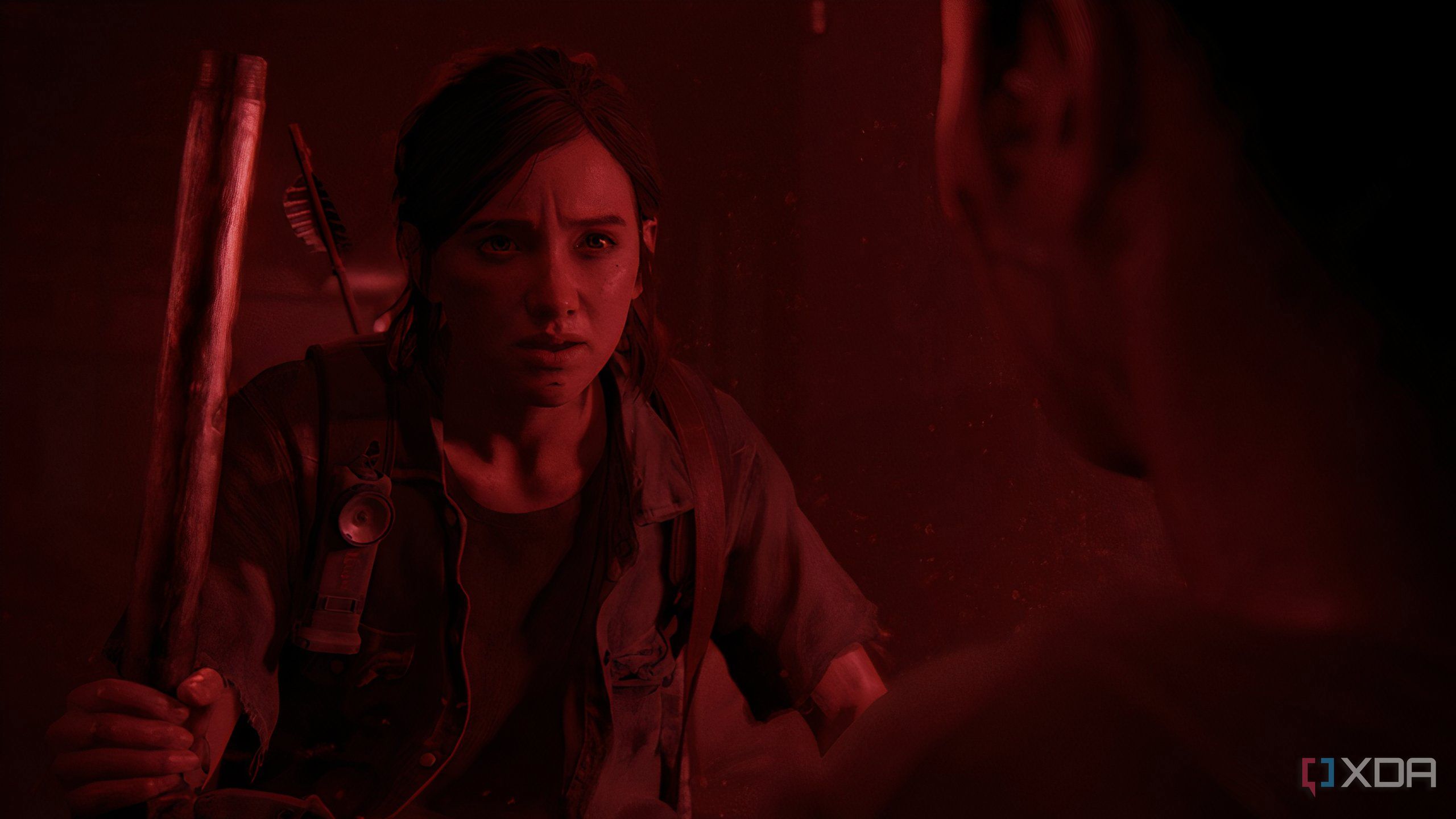 A screenshot from the game The Last of Us Part II Remastered on PC, showing Ellie wielding an iron rod.