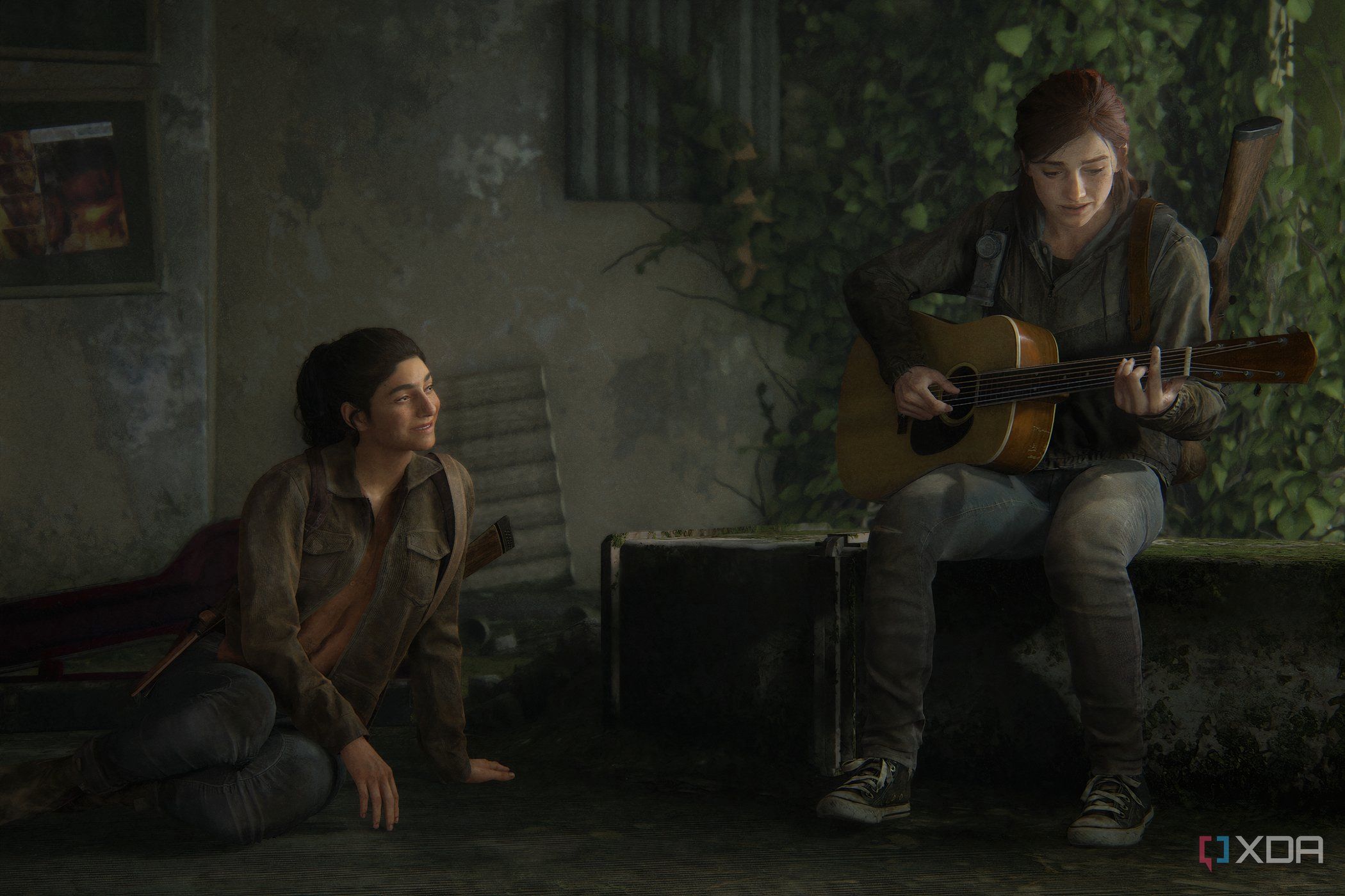 A screenshot from The Last of Us Part II, showing Ellie playing the guitar as Dina looks on.