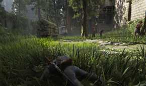 A screenshot from the game The Last of Us Part II Remastered on PC, showing Ellie crawling through grass as zombies stand around her.