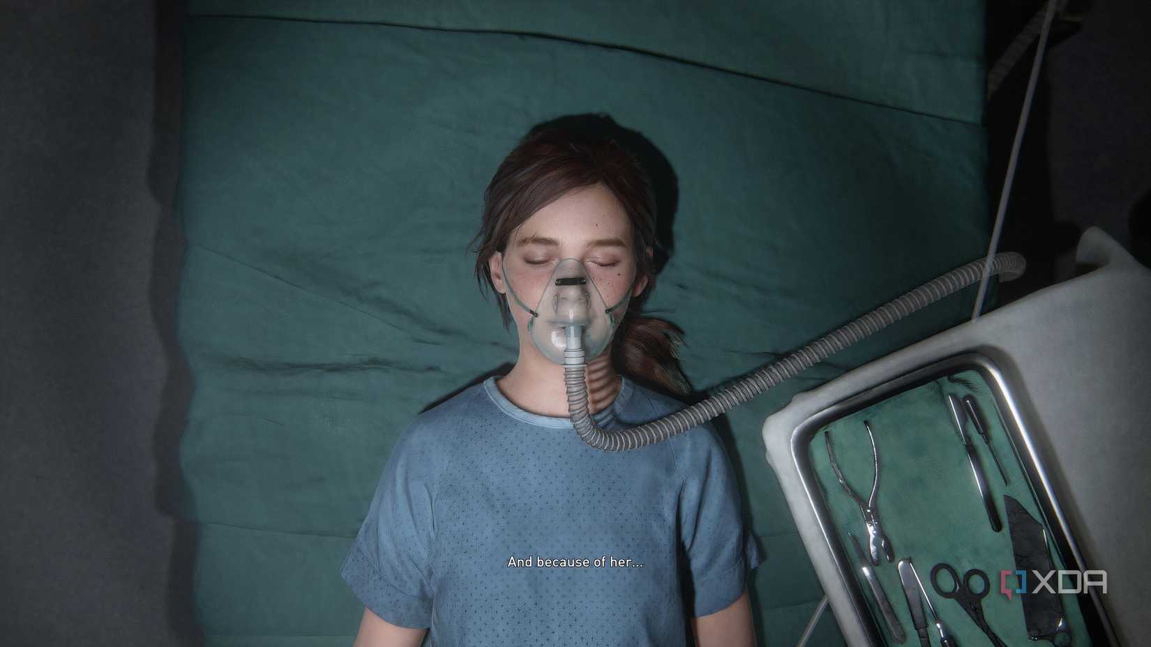 A screenshot from the game The Last of Us Part II Remastered on PC, showing a young Ellie sedated on an operating table.