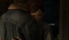 A screenshot from the game The Last of Us Part II Remastered on PC, showing Ellie hugging Tommy.