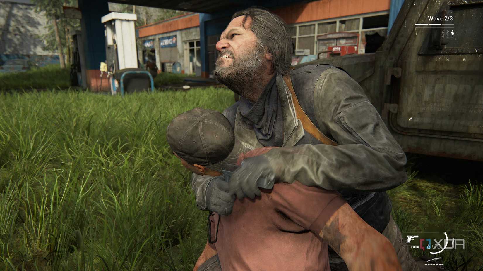 A screenshot from the game The Last of Us Part II Remastered on PC, showing Bill choking out an enemy.