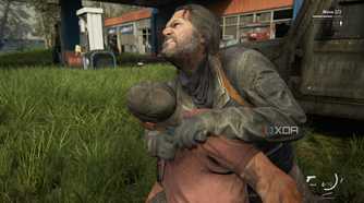 A screenshot from the game The Last of Us Part II Remastered on PC, showing Bill choking out an enemy.
