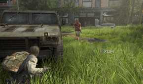 A screenshot from the game The Last of Us Part II Remastered on PC, showing Bill crouching in front of a jeep as an enemy patrols nearby.