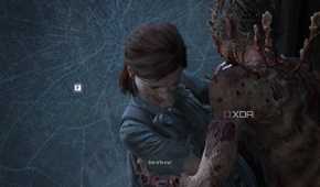 A screenshot from the game The Last of Us Part II Remastered on PC, showing a Stalker-type zombie enemy attacking Ellie and pushing her against shattering glass.