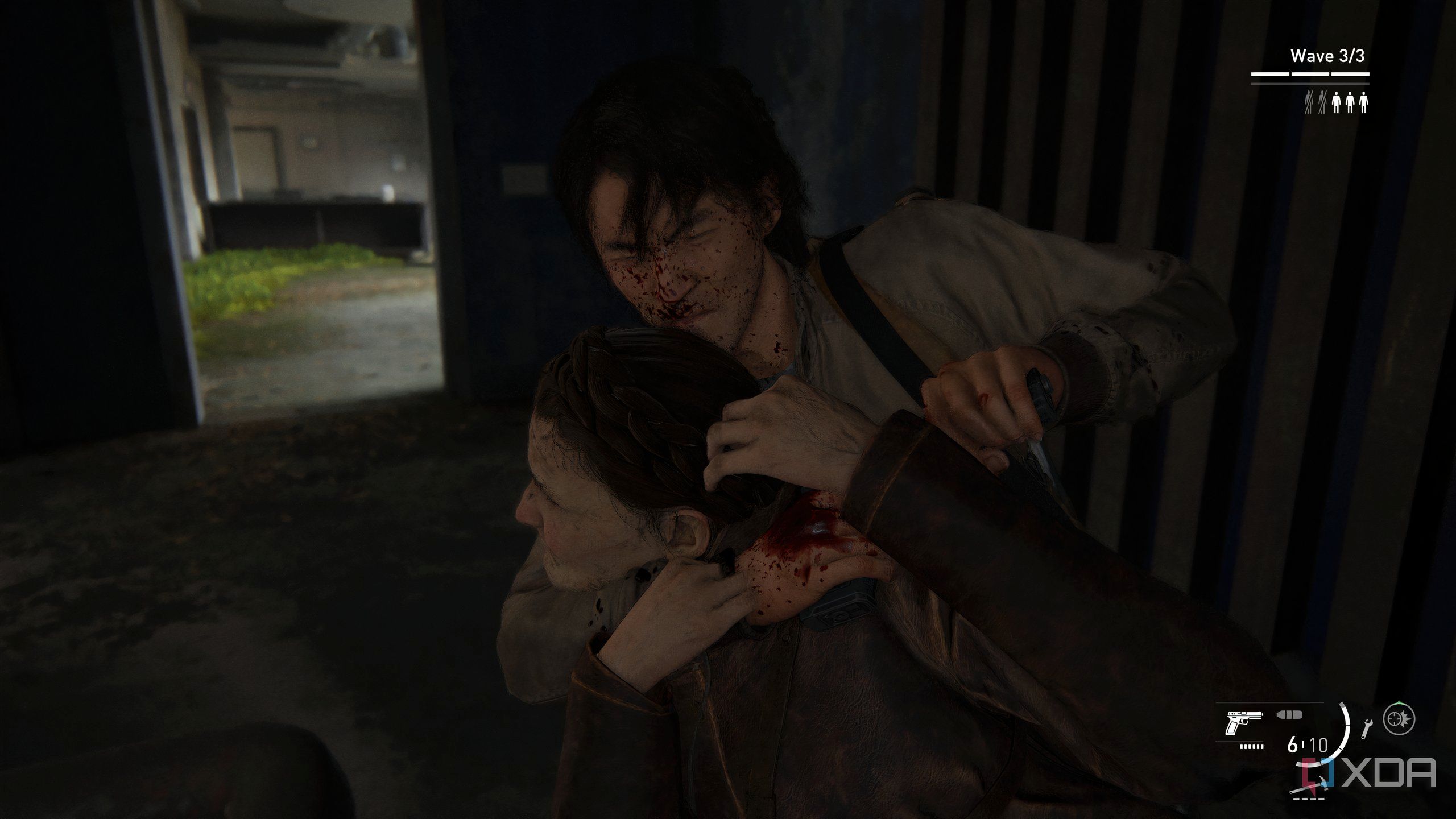 A screenshot from the game The Last of Us Part II Remastered on PC, showing Jesse choking out an enemy.