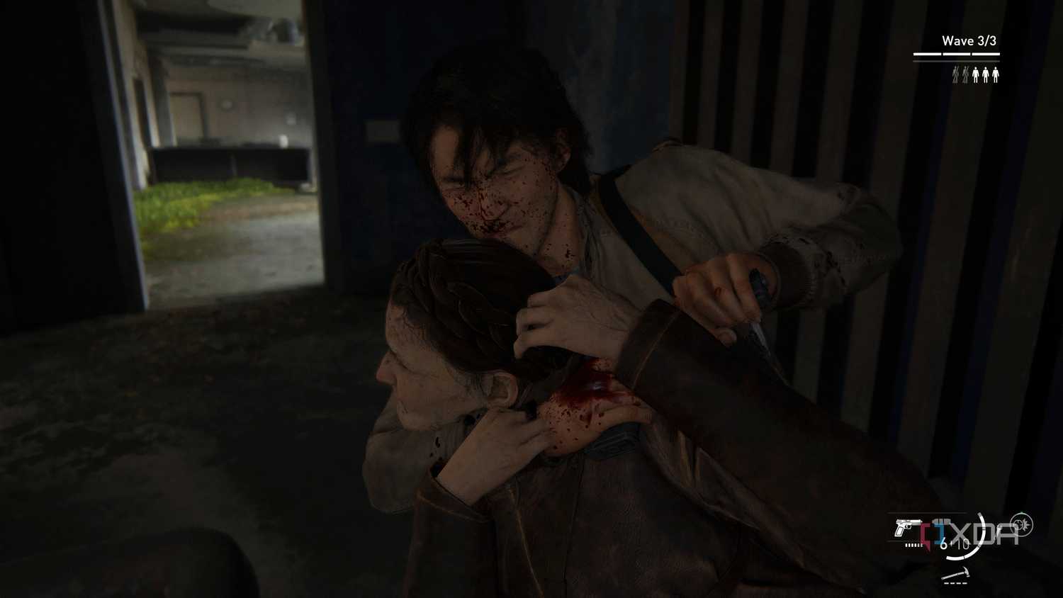 A screenshot from the game The Last of Us Part II Remastered on PC, showing Jesse choking out an enemy.