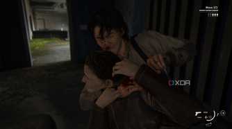 A screenshot from the game The Last of Us Part II Remastered on PC, showing Jesse choking out an enemy.