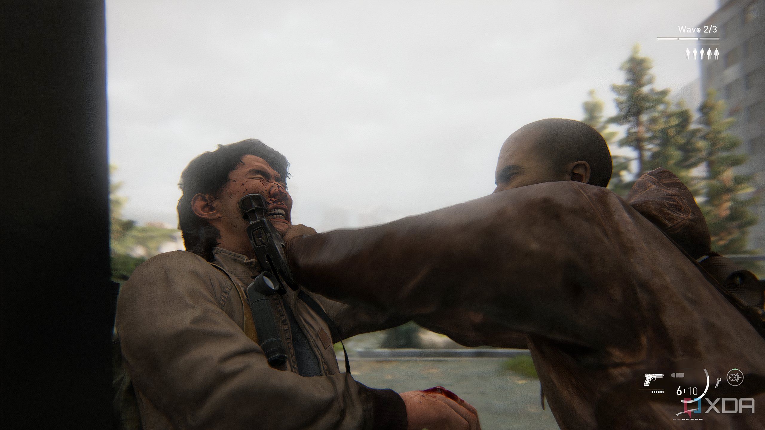 A screenshot from the game The Last of Us Part II Remastered on PC, showing Jesse being attacked by an enemy.